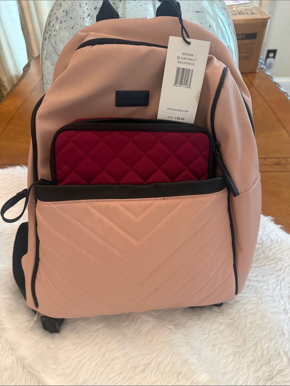 Steve Madden Blush Pink Quilted Backpack with Front Pouch for iPad